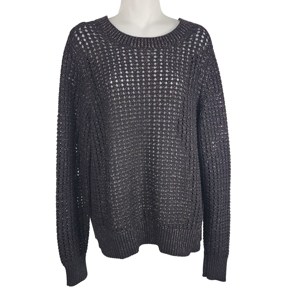 Gap Womens Crochet Shine Crewneck Sweater Large Black Cotton Sheer Rib Trim Glam